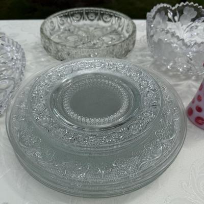 Lot of gorgeous crystal and glass platters, bowls, plates and little pitcher