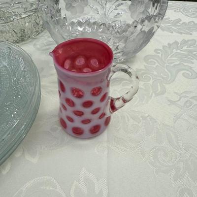 Lot of gorgeous crystal and glass platters, bowls, plates and little pitcher