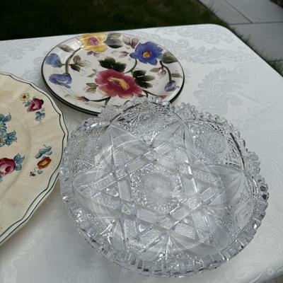 5 piece entertaining floral platters, plates, crystal dish and pitchers