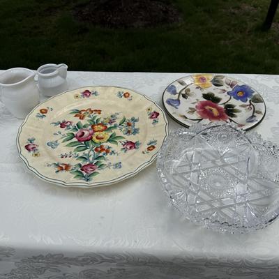 5 piece entertaining floral platters, plates, crystal dish and pitchers