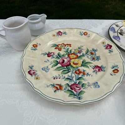 5 piece entertaining floral platters, plates, crystal dish and pitchers