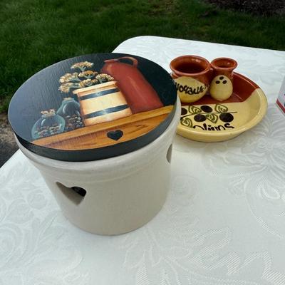 Butter keeper, olive plate and lidded canister