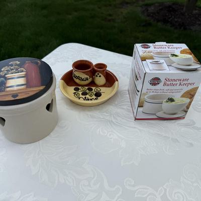 Butter keeper, olive plate and lidded canister