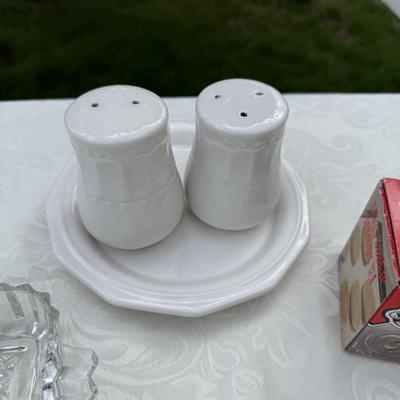 Pretty glass cookie presses, salt and pepper shakers and crystal tray