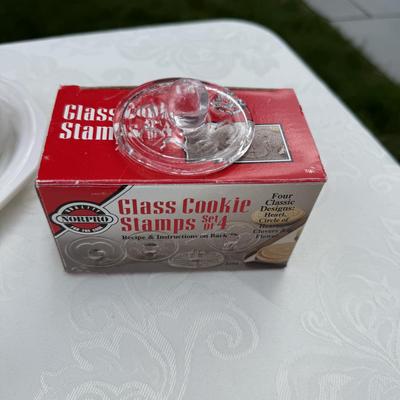 Pretty glass cookie presses, salt and pepper shakers and crystal tray