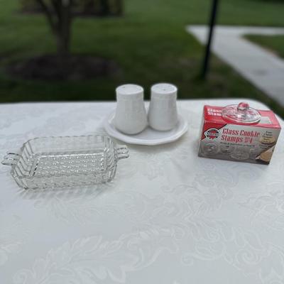 Pretty glass cookie presses, salt and pepper shakers and crystal tray