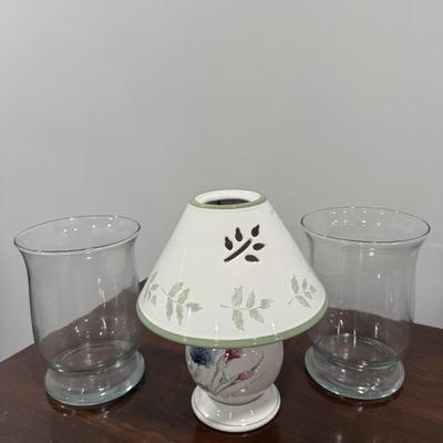 Candle holder and two glass urns