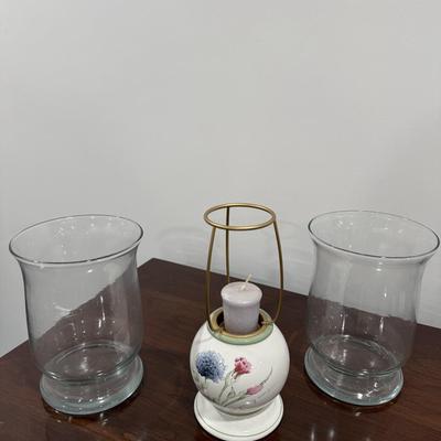 Candle holder and two glass urns