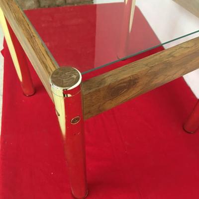 MCM Glass Wood and Brass End Table. Mid Century~