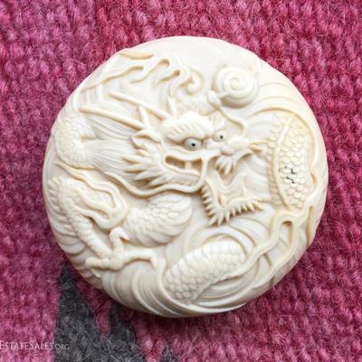 Antique Carved Ivory Button Chinese Dragon 