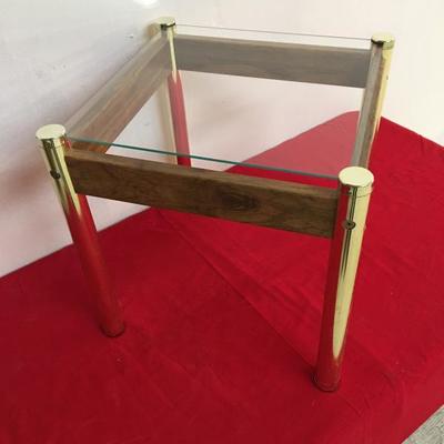 MCM Glass Wood and Brass End Table. Mid Century~