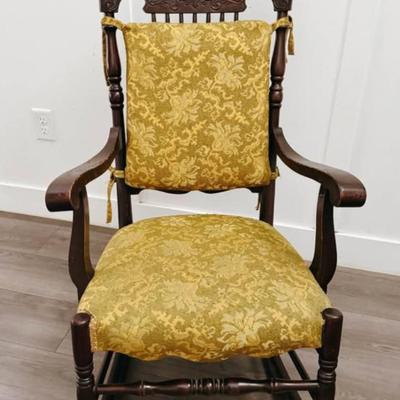 SARATOGA SPRINGS PICK UP - Antique Late 1800’s Yellow Floral Upholstered Hand Carved Eastlake Victorian Rocker Rocking Chair