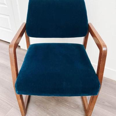 SARATOGA SPRINGS PICK UP - Vintage Mid Century Scandinavian Peacock Blue Mohair Velvet Upholstered Armchair w/Oak Sled Legs