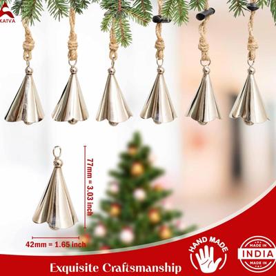 6-Pack Silver Vintage Inspired Cone Shaped Christmas Tree Ornament Bells Set Rustic Holiday Home Decor