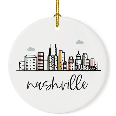 Andaz Press Round Ceramic Porcelain Christmas Tree Ornament Keepsake, Nashville Colorful City Skyline 1-Pack Birthday Ideas Family...