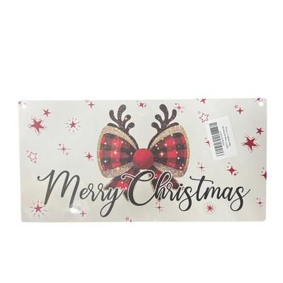 12" x 6" - "Merry Christmas" Holiday Home Decor Sign w/Red Bow, Glitter & Reindeer Antlers - Predrilled &...