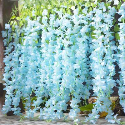 8pcs Artificial Blue Wisteria Flowers Vine Ratta Hanging Garland Silk Flowers String Home Party Wedding Decor
