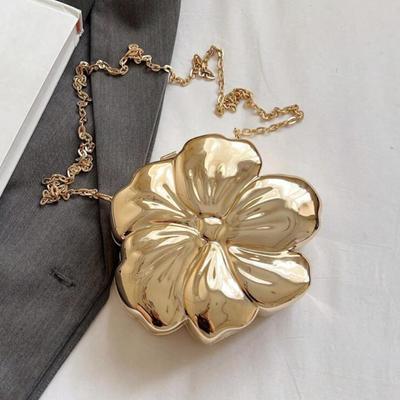 Gold Shiny Flower Shaped Mini Handgab w/Buckle Closure & Metal Chain - Women's Shoulder Bag, Crossbody Bag