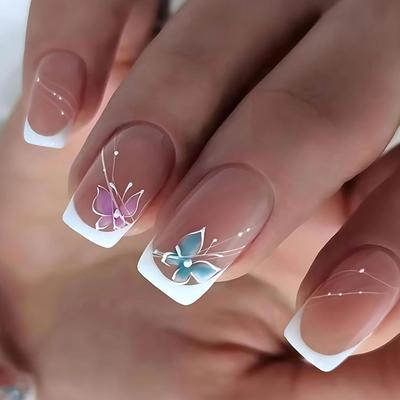 A5 - Short Press on Nails White French Tip Fake Nails European Square Style Pink Blue Butterfly Pattern Acrylic Nails Spring Glossy Pink...