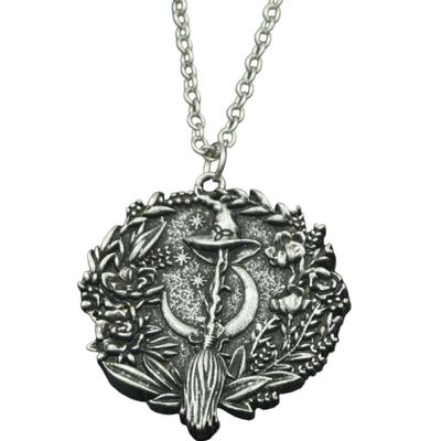 Halloween Moon Wizard Hat Witch Broom Pendant Necklace Gothic Charm Jewelry Gift, Antique Silver Plated Fashion Accessories Jewelry...