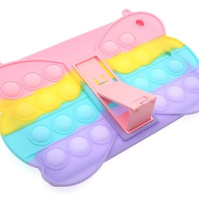 iPad 9.7" 2018 Pop Push Rainbow Bubble Butterfly Silicone Case, Anti-Stress Shockproof Cute Case w/Kickstand