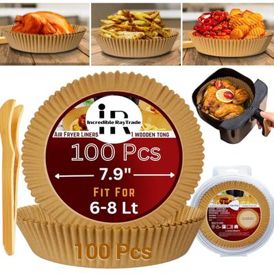 Raytrade 100 Pcs Air Fryer Liners with Wooden Tong, 7.9 Inch Disposable Air Fryer Paper Liners Silicon Coated Oil & Water-Proof Air...