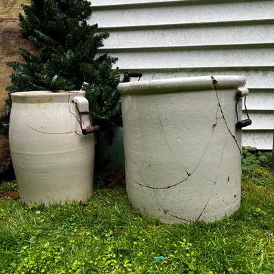 G1547 Two Large Antique Repaired Crocks AS IS