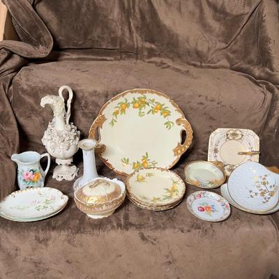 Lot 128 Parianware rose vase, painted china - platter with yellow flowers, and 3 matching plates,