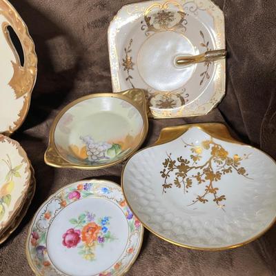 Lot 128 Parianware rose vase, painted china - platter with yellow flowers, and 3 matching plates,