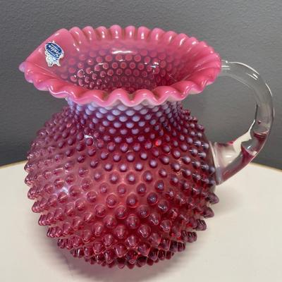 8” tall Fenton cranberry hobnail pitcher
