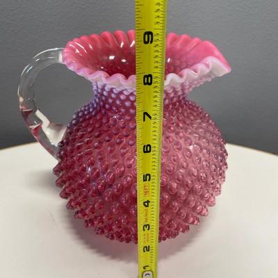 8” tall Fenton cranberry hobnail pitcher