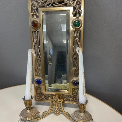 Brass jewel mirror candle holder