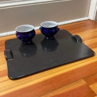 K1544 Emile Henry Ceramic French Grilling Plates and Two Blue Bowls