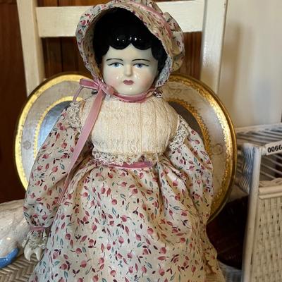 Vintage Shabby Chic Decor - Cast Iron Door Stop, Wicker, Ceramic, Needlepoint