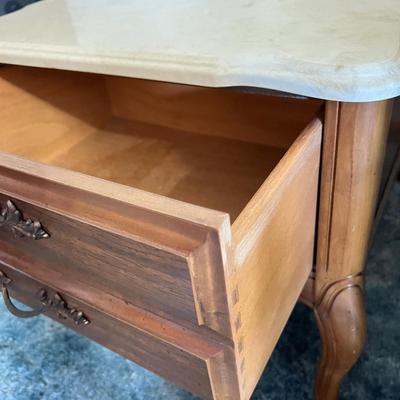 Pair of Carved Wood Marble Top End Tables