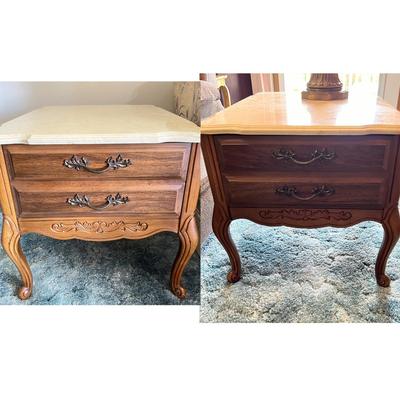 Pair of Carved Wood Marble Top End Tables