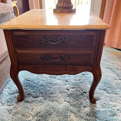 Pair of Carved Wood Marble Top End Tables