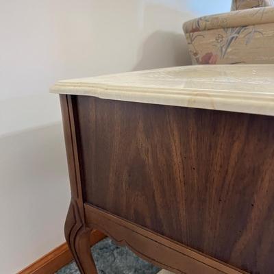 Pair of Carved Wood Marble Top End Tables