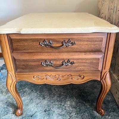 Pair of Carved Wood Marble Top End Tables