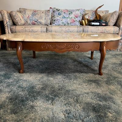 Carved Wood Marble Top Coffee Table