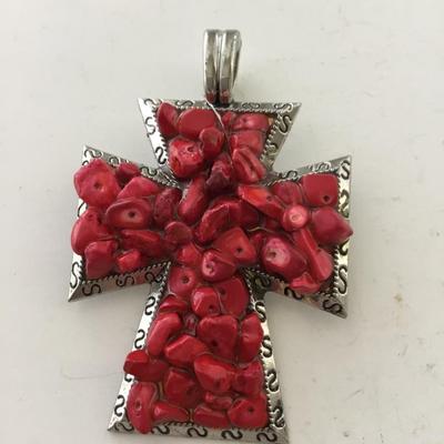 CJ vintage marked red stone type cross necklace pendant