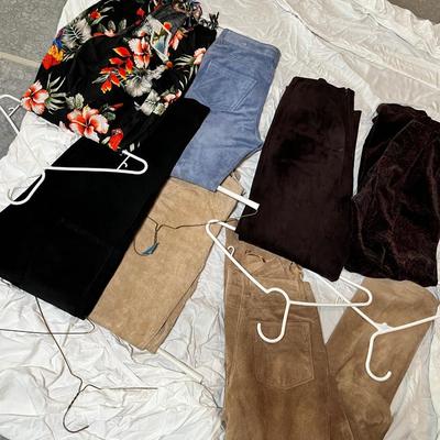 Lot 158 8 pairs of leather and suede pants and a floral wrap skirt
