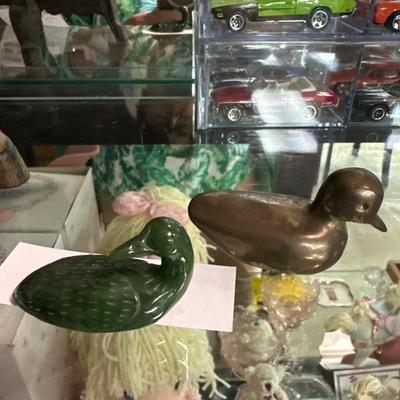 Nephrite jade loon and brass duck