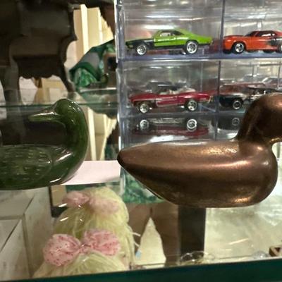 Nephrite jade loon and brass duck