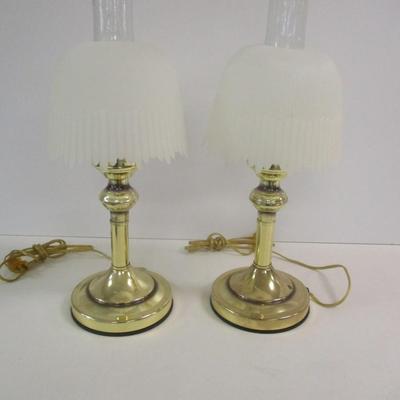 Vintage Hurricane Style Table Top Accent Touch Brass Lamps With Plastic Shades Retro