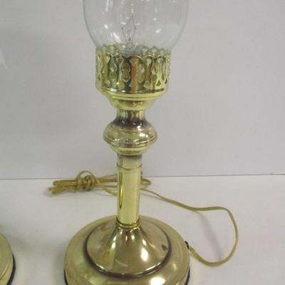 Vintage Hurricane Style Table Top Accent Touch Brass Lamps With Plastic Shades Retro