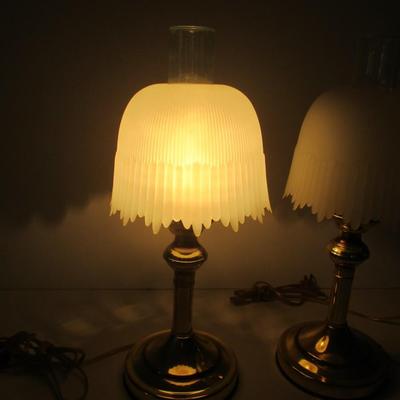 Vintage Hurricane Style Table Top Accent Touch Brass Lamps With Plastic Shades Retro