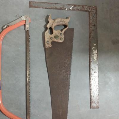 Lot of 3 Vintage Hand Tools – 21" Bow Saw, Hand Saw, Carpenter’s Square