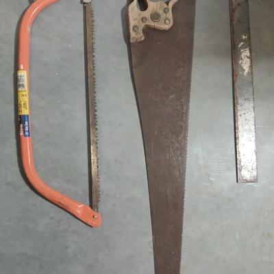 Lot of 3 Vintage Hand Tools – 21" Bow Saw, Hand Saw, Carpenter’s Square