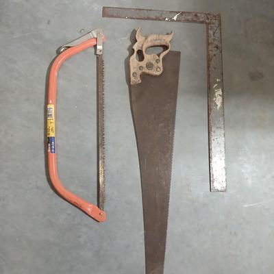 Lot of 3 Vintage Hand Tools – 21" Bow Saw, Hand Saw, Carpenter’s Square